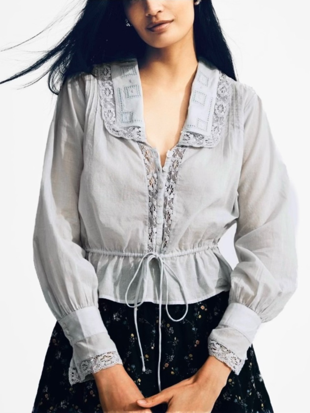Anthropologie Lace-Placket Blue Long-Sleeve Blouse Large